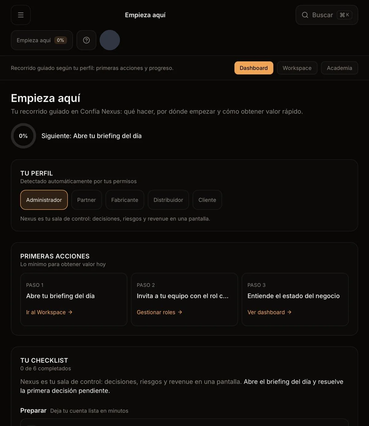 Nexus — Empieza aquí: Onboarding guiado por perfil.