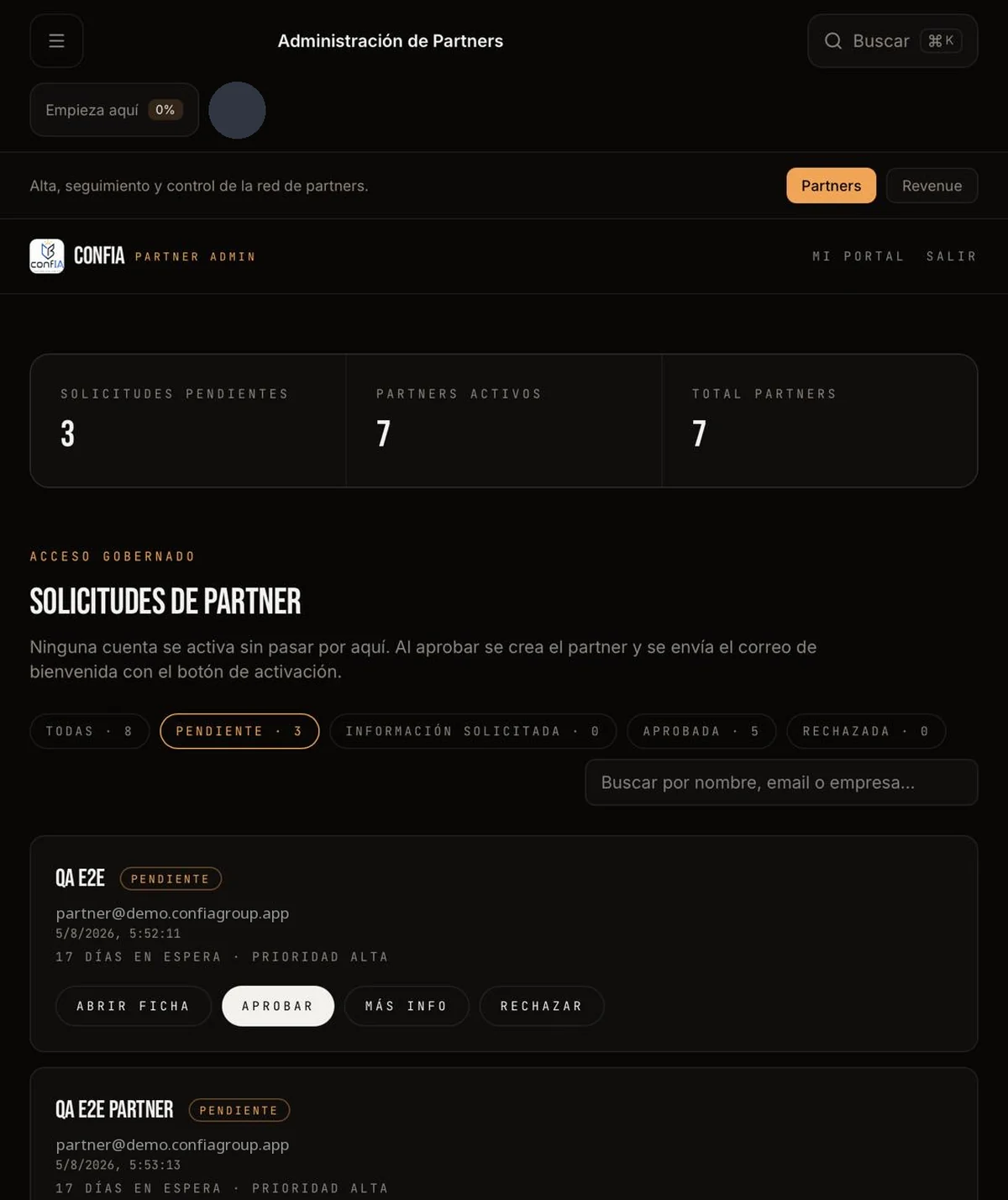 Nexus — Administración de partners: Alta, aprobación y control de la red.