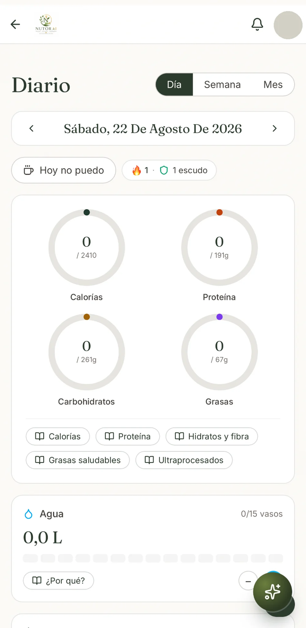 NutorAI — Diario nutricional con objetivos y seguimiento diario.